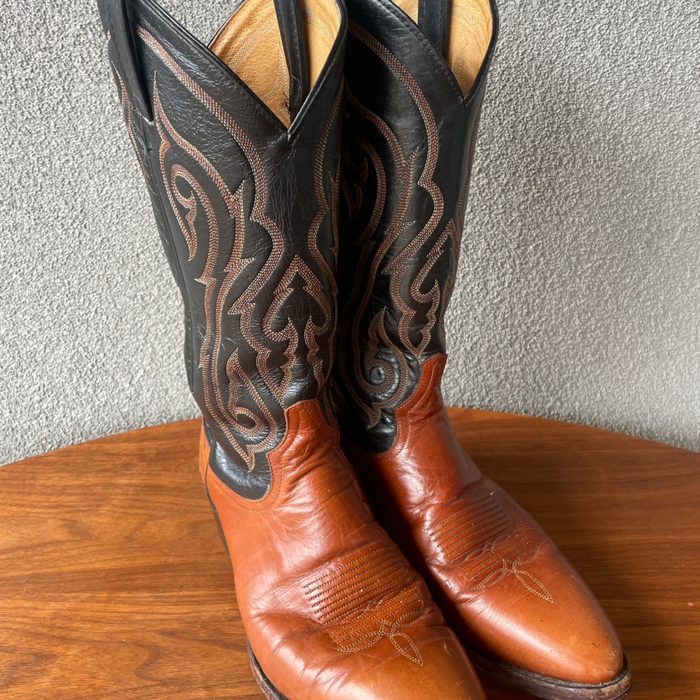 Tony Lama Boots, Black Brown Leather Cowboy Boots, Vintage Menswear, Size 9.5 D